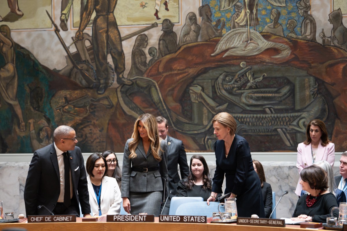 First Lady Melania Trump presides over a meeting of the United Nations Security Council at United Nations Headquarters in New York City, Monday, March 2, 2026.Official White House Photo by Andrea Hanks)