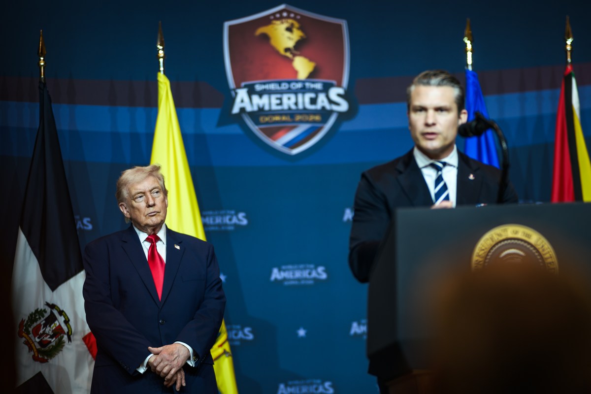 Secretary of War Pete Hegseth delivers remarks during the Shield of the Americas summit at Trump National Doral, Saturday, March 7, 2026, in Miami, Florida. (Official White House Photo by Daniel Torok)