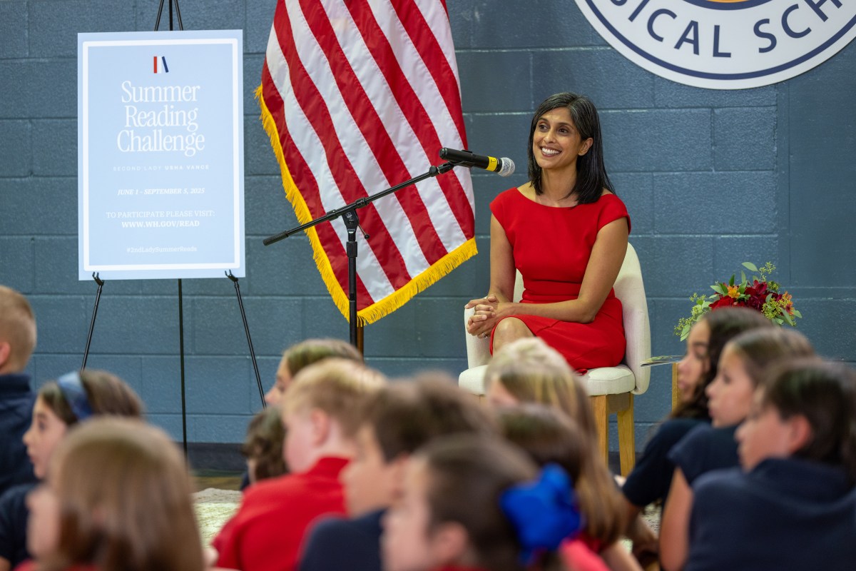Second Lady Usha Vance reads to children at the Cherokee Liberty Classical School in Atlanta, Georgia as part of her Summer Reading Challenge on Thursday, August 22nd, 2025.  (Official White House Photo by Harrison Koeppel)